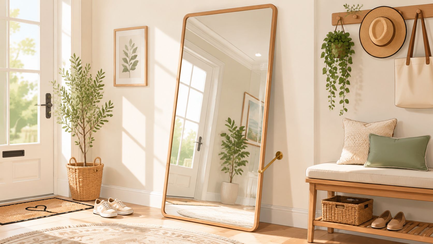 A brightly lit entryway featuring a large floor mirror, a wooden bench, a houseplant, and a straw hat.