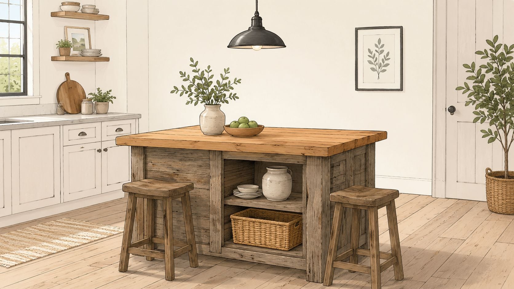 A rustic farmhouse kitchen island with a wooden countertop, bar stools, and decorative elements in a bright kitchen.