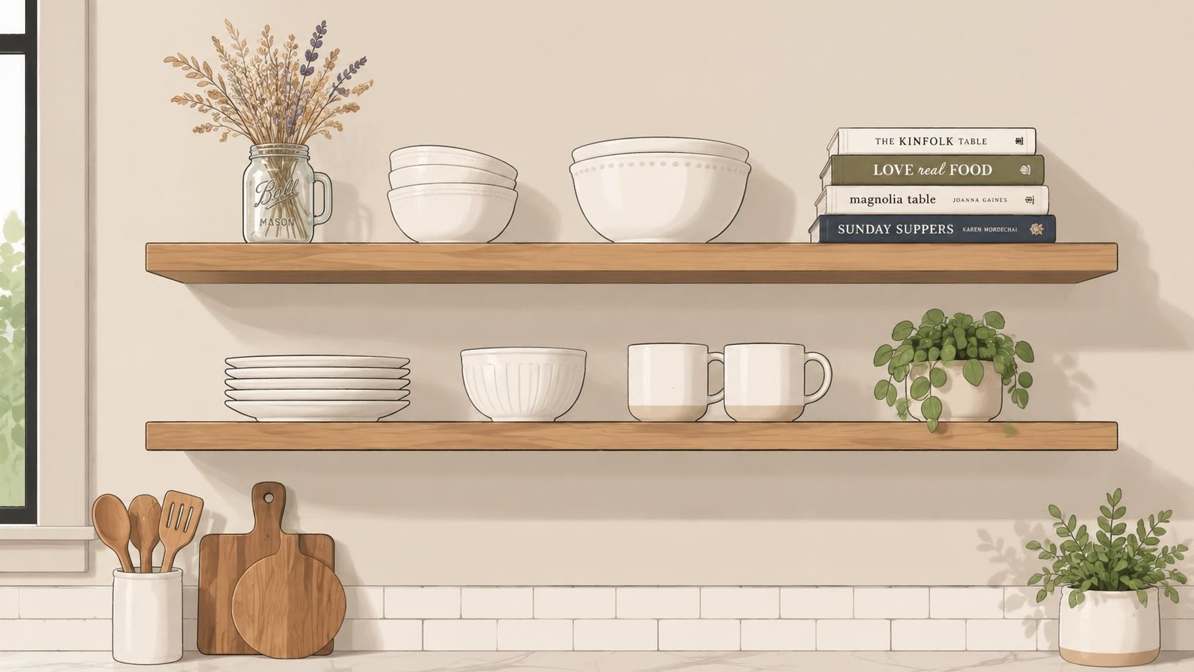Open wooden kitchen shelves decorated with white ceramic dishes, a mason jar with dried flowers, and cookbooks.