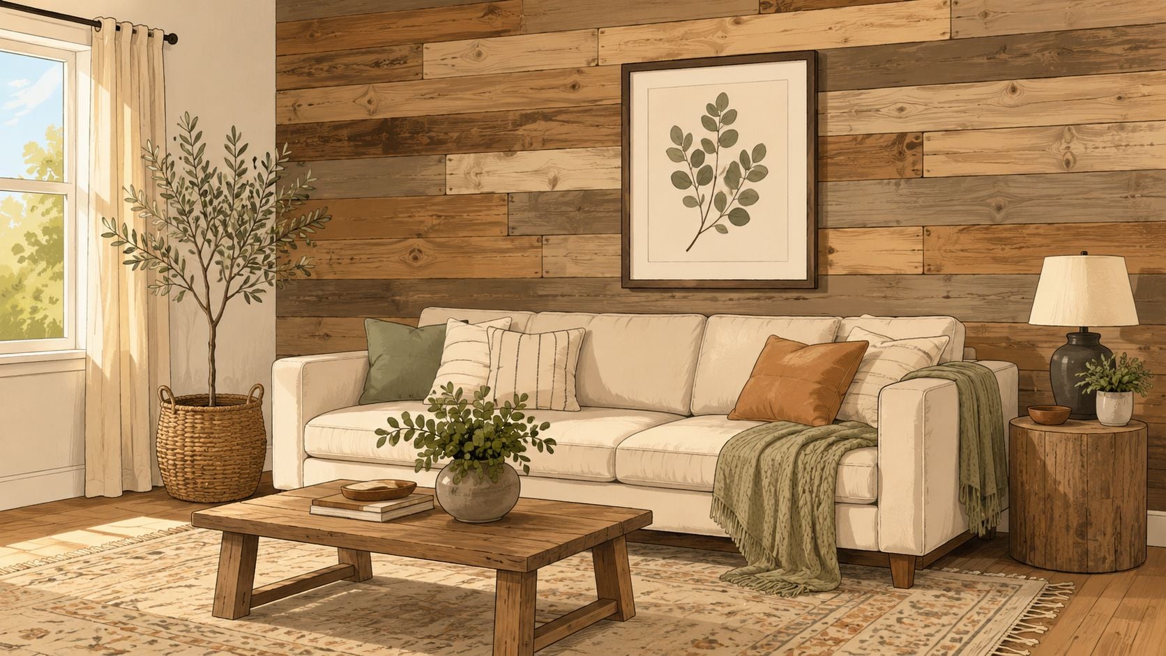 A cozy living room featuring a cream-colored couch, wood plank wall, and natural farmhouse decor elements.