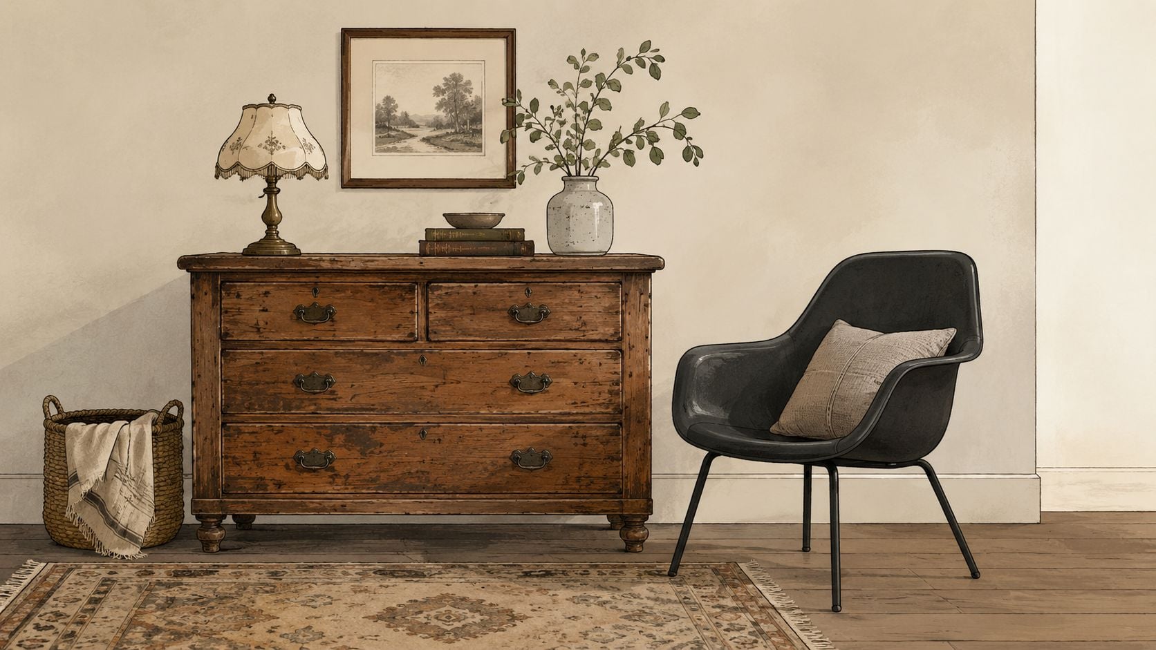 A rustic wooden dresser with a lamp and vase sits beside a modern dark chair on a rug.