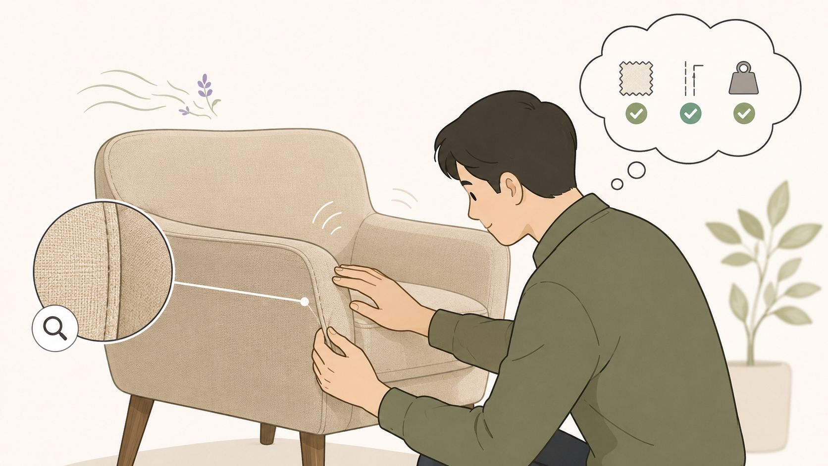 A man inspecting the fabric quality and sturdy construction of a beige upholstered armchair in a room.