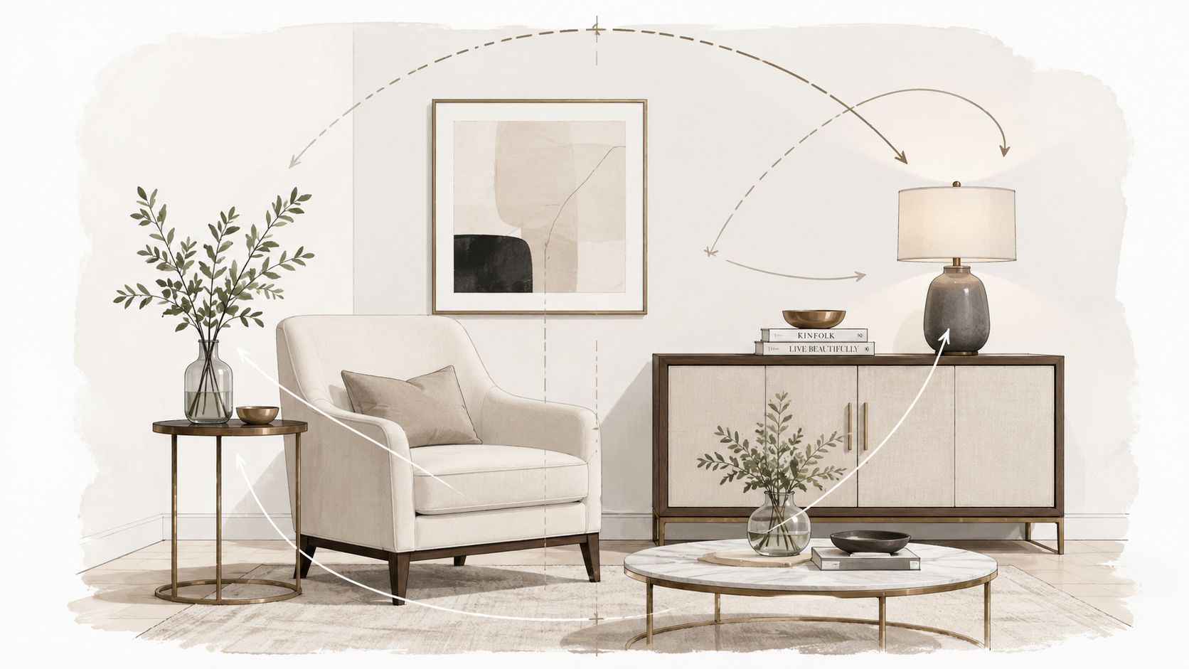 A sophisticated living room interior design featuring a cream armchair, modern console table, and stylish decorative accents.