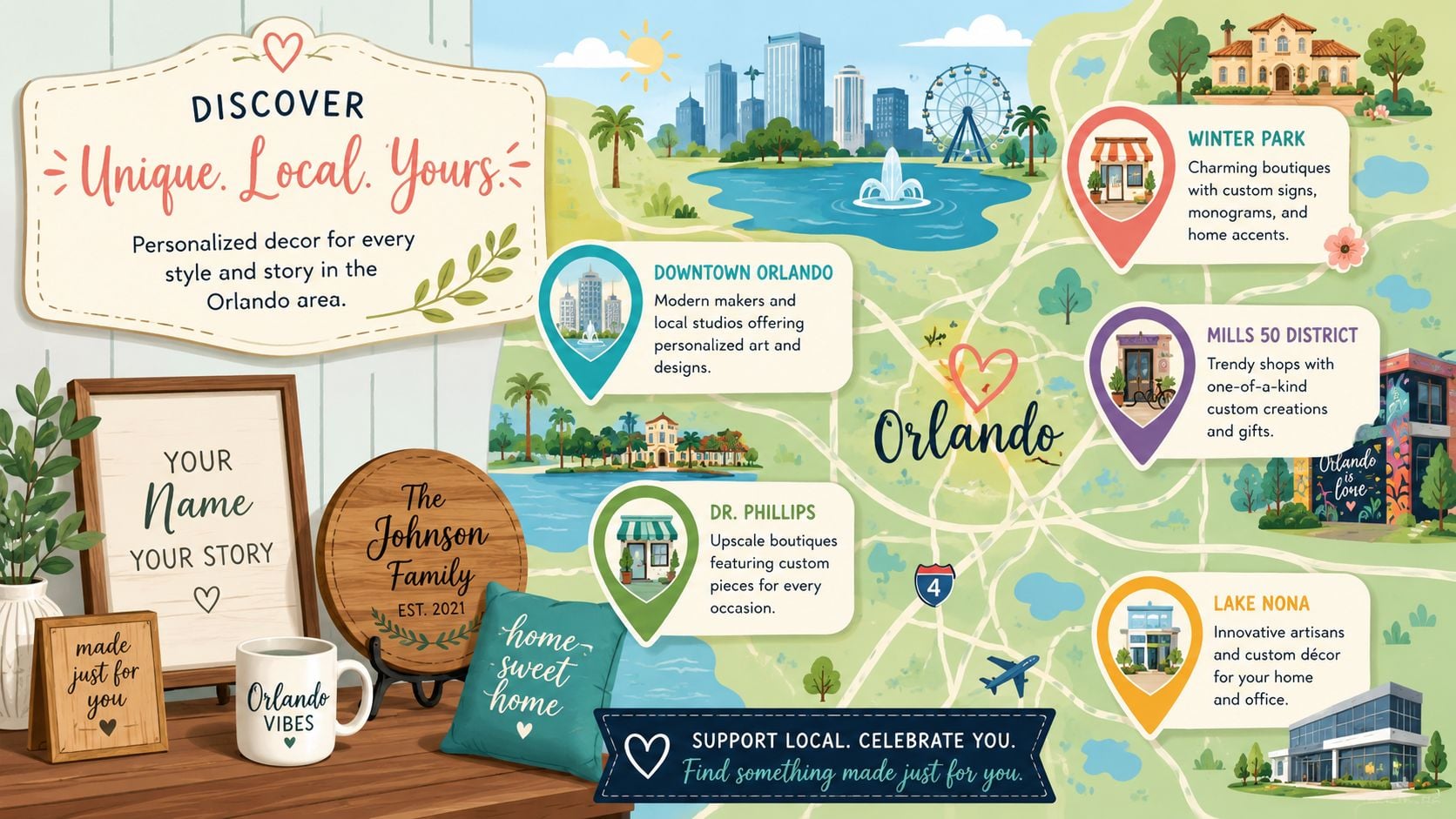 A map of Orlando highlighting local neighborhoods featuring businesses that create personalized home decor and custom gifts.