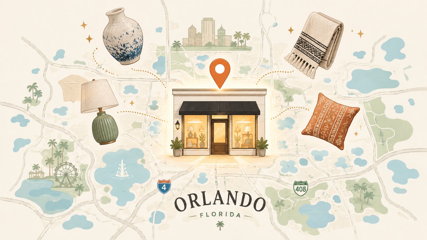 An illustrated map of Orlando, Florida highlighting a local home decor store with various furniture items.