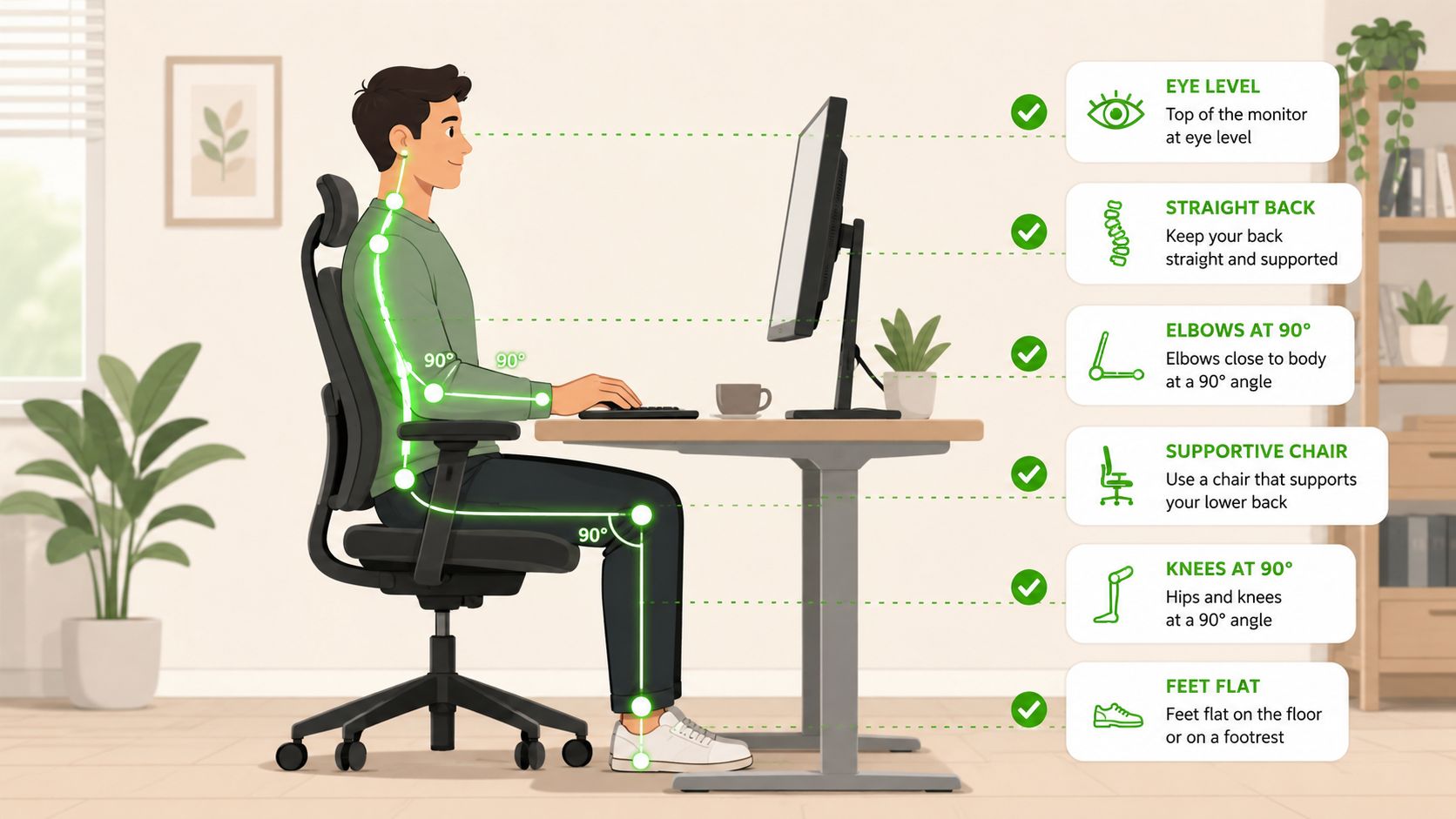 A diagram demonstrating the ideal ergonomic home office desk setup for proper posture and comfort while working.