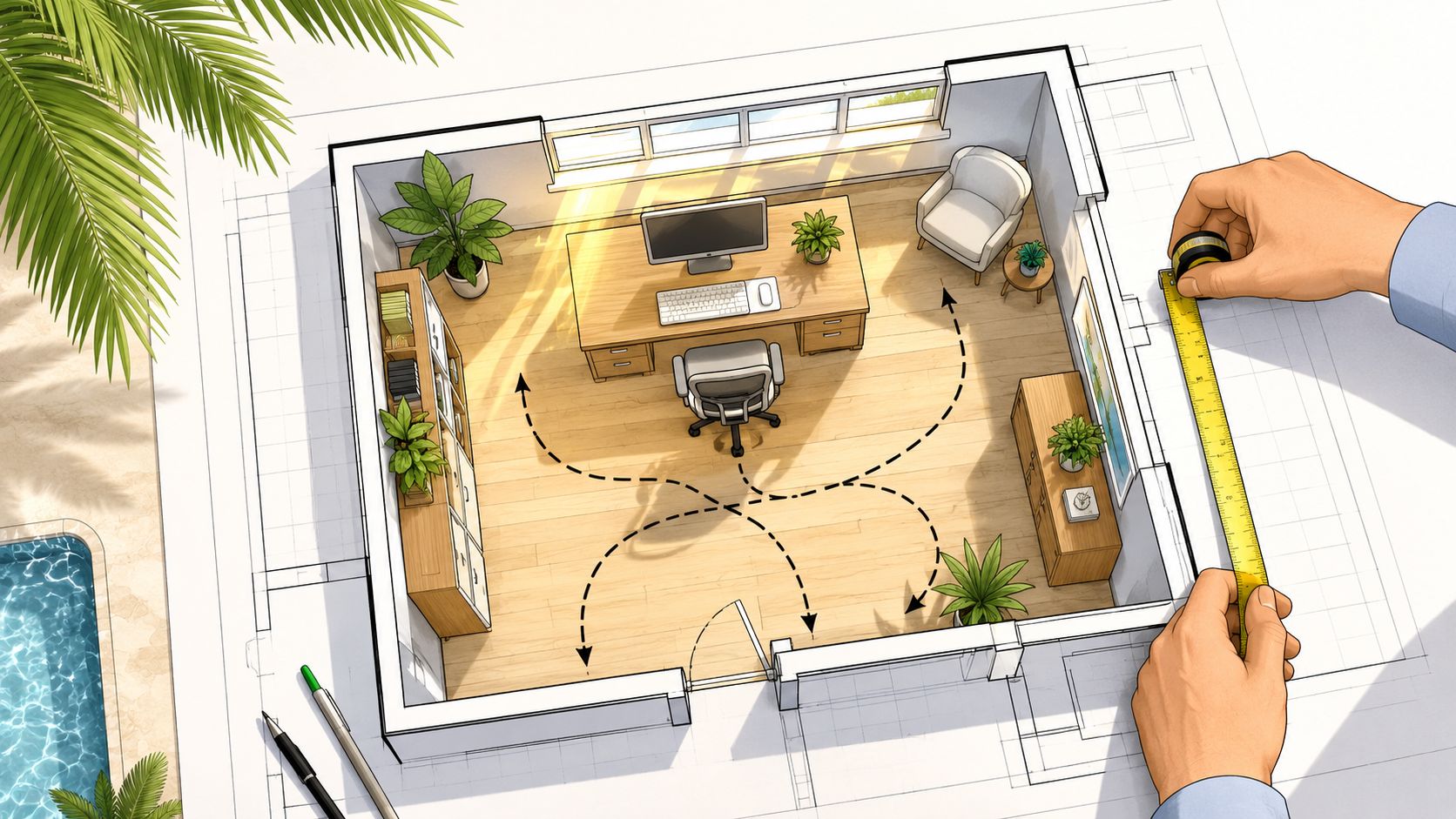 An overhead view of a home office floor plan with a person measuring the wall dimensions.