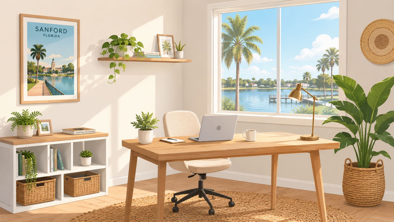 A cozy home office with a desk, laptop, plants, and a scenic view of a Florida lake.