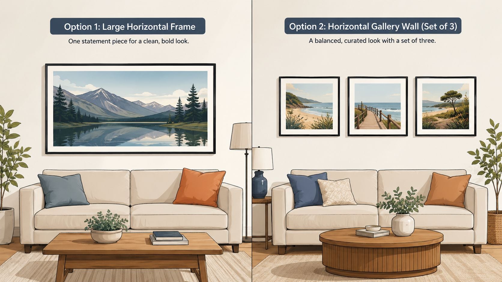 Two interior design options for living room wall art featuring a large horizontal frame or gallery wall.