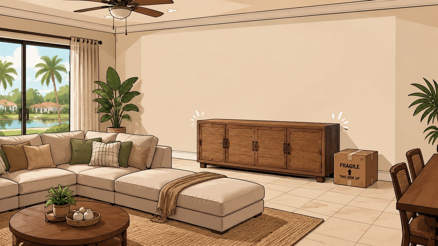 A bright living room with a neutral sectional sofa, a wooden sideboard, and a cardboard box nearby.