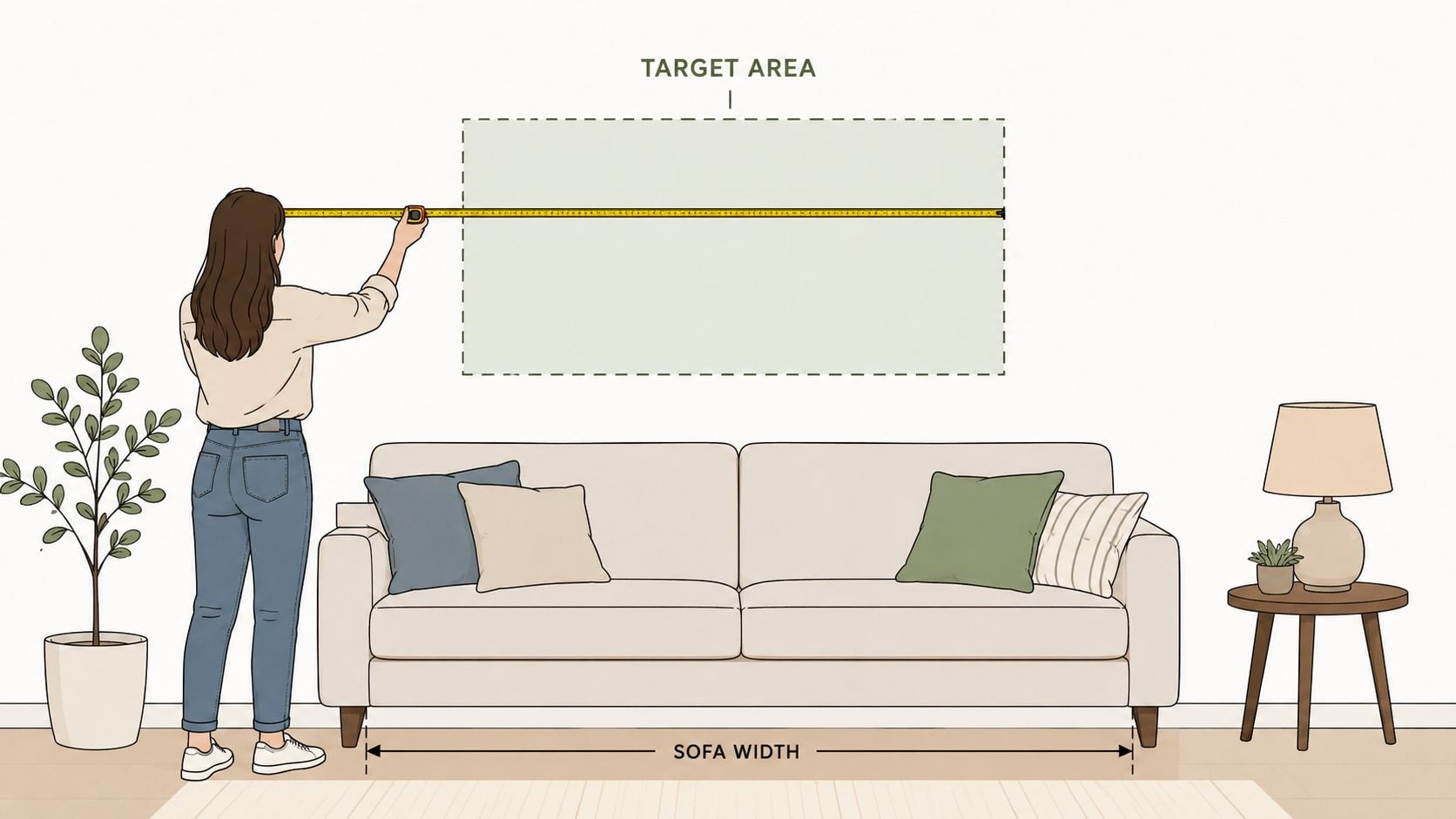 A person measuring wall space above a sofa to help determine the correct size for wall decor.