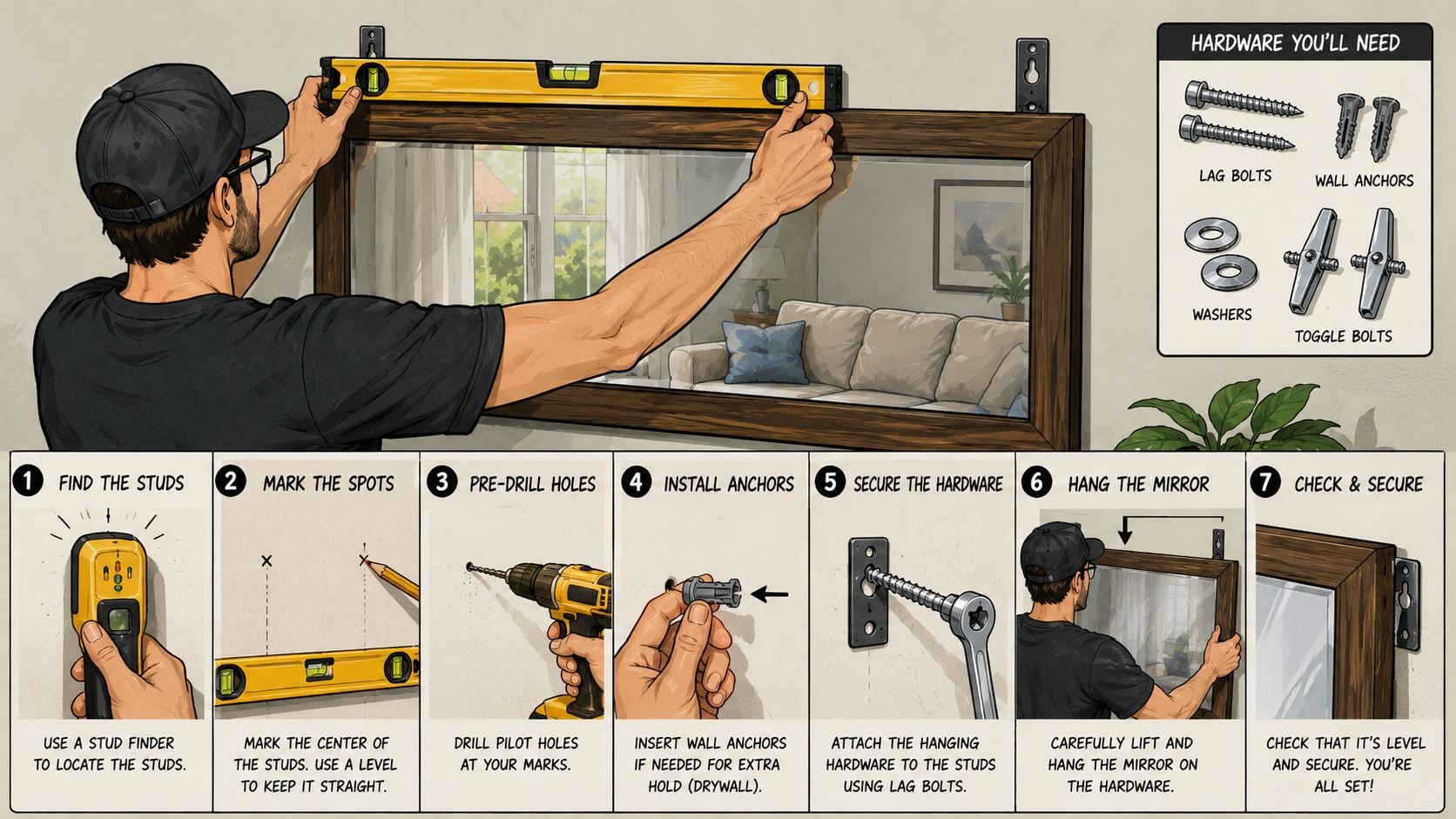 A detailed step-by-step illustrated guide showing a person installing a rectangular mirror on a wall.