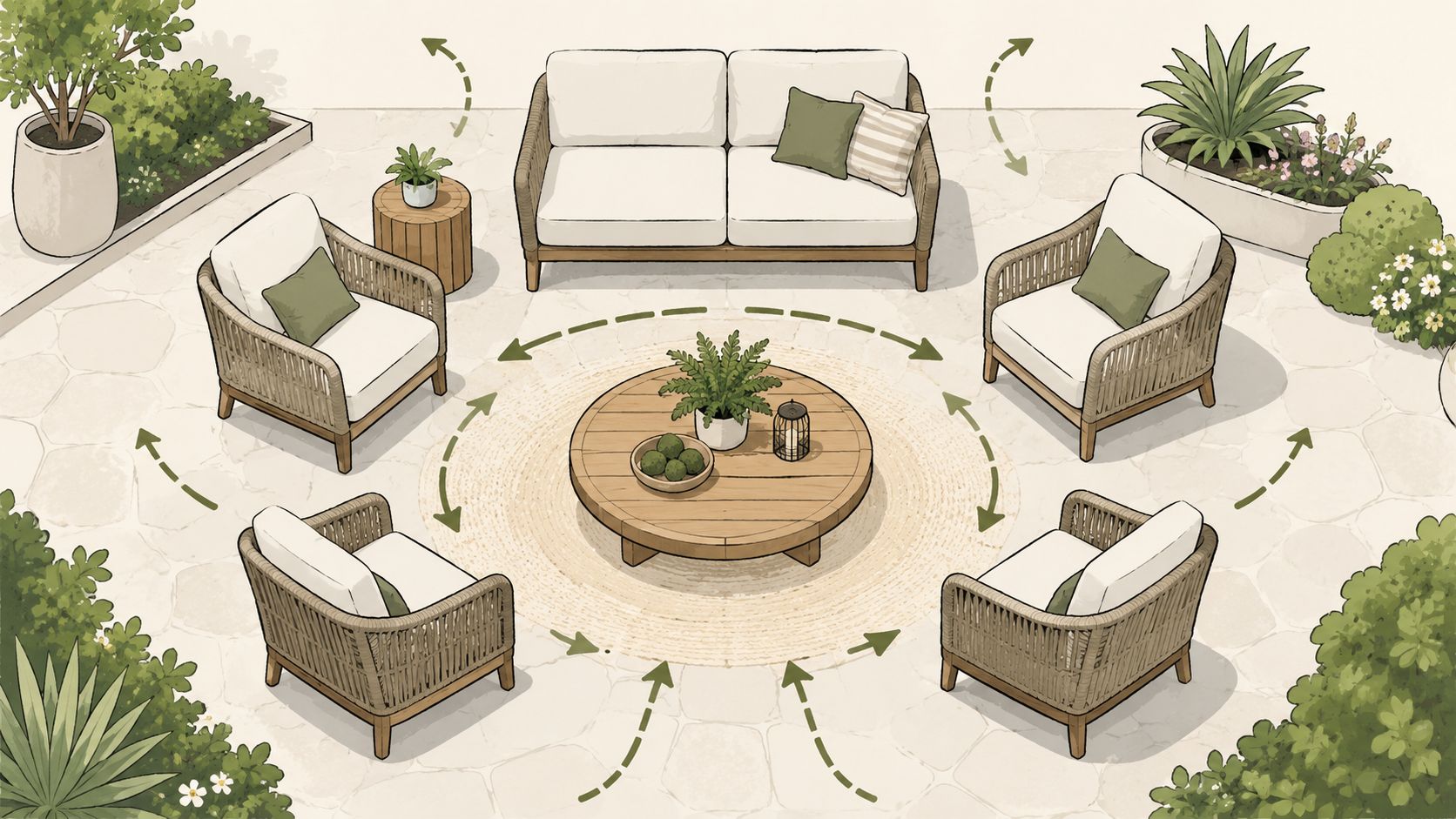 An overhead view of a patio furniture layout with a central table surrounded by armchairs and sofa.