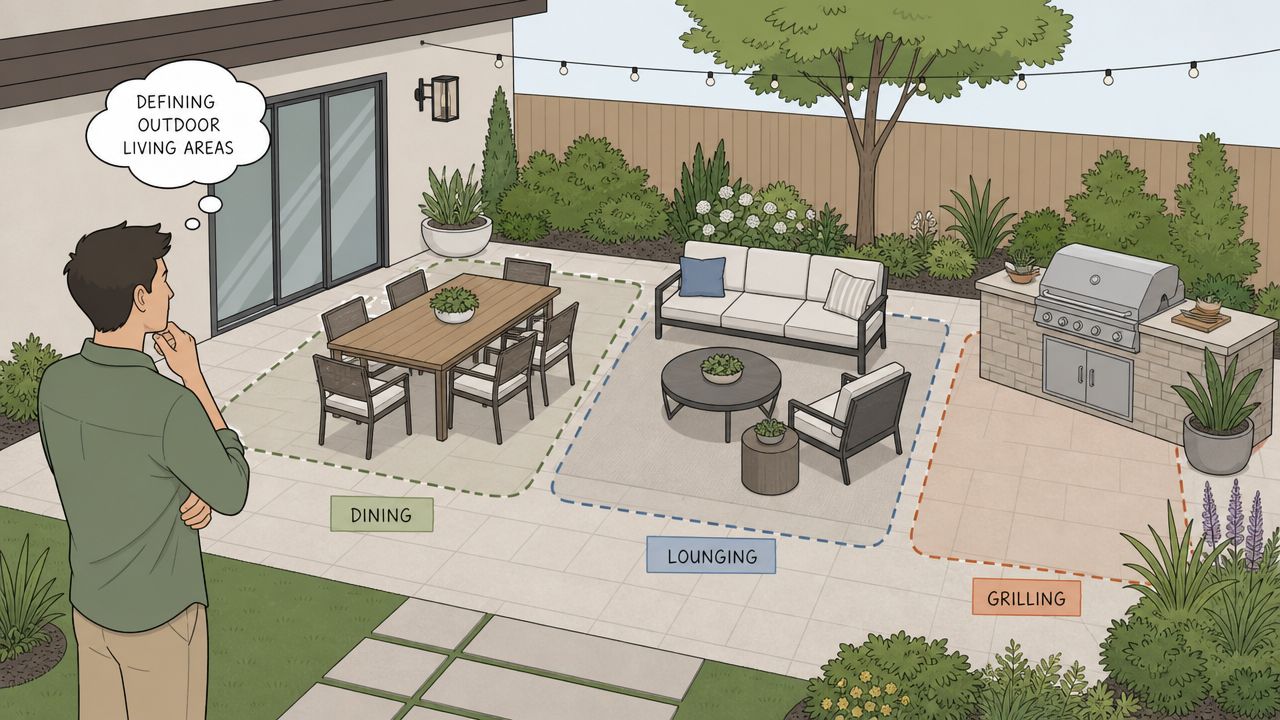 A person visualizing separate outdoor zones for dining, lounging, and grilling on a modern backyard patio.