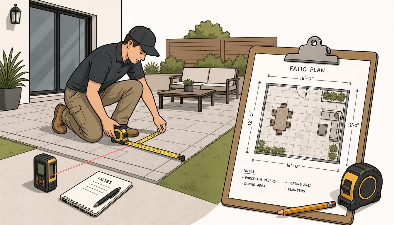 A professional landscaper measuring a patio space with a laser level and tape measure for planning.