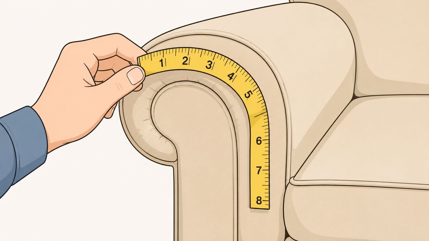 A hand holding a flexible measuring tape measuring the curved armrest of a beige upholstered couch.