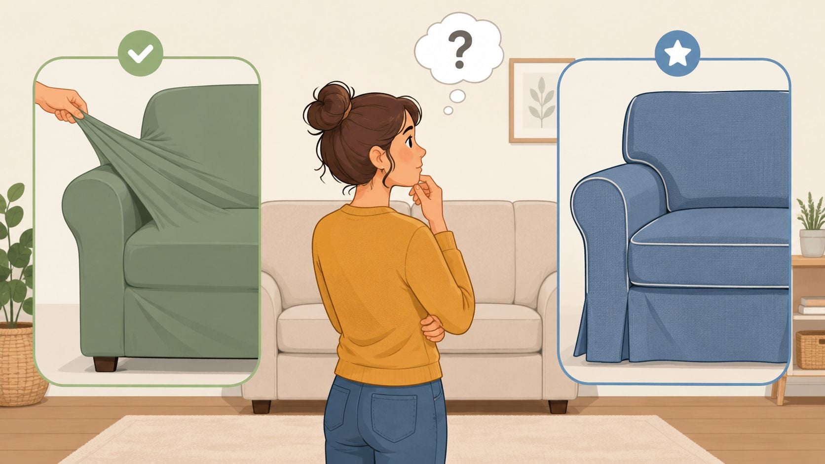 A woman stands in a living room deciding between two different styles of sofa covers.