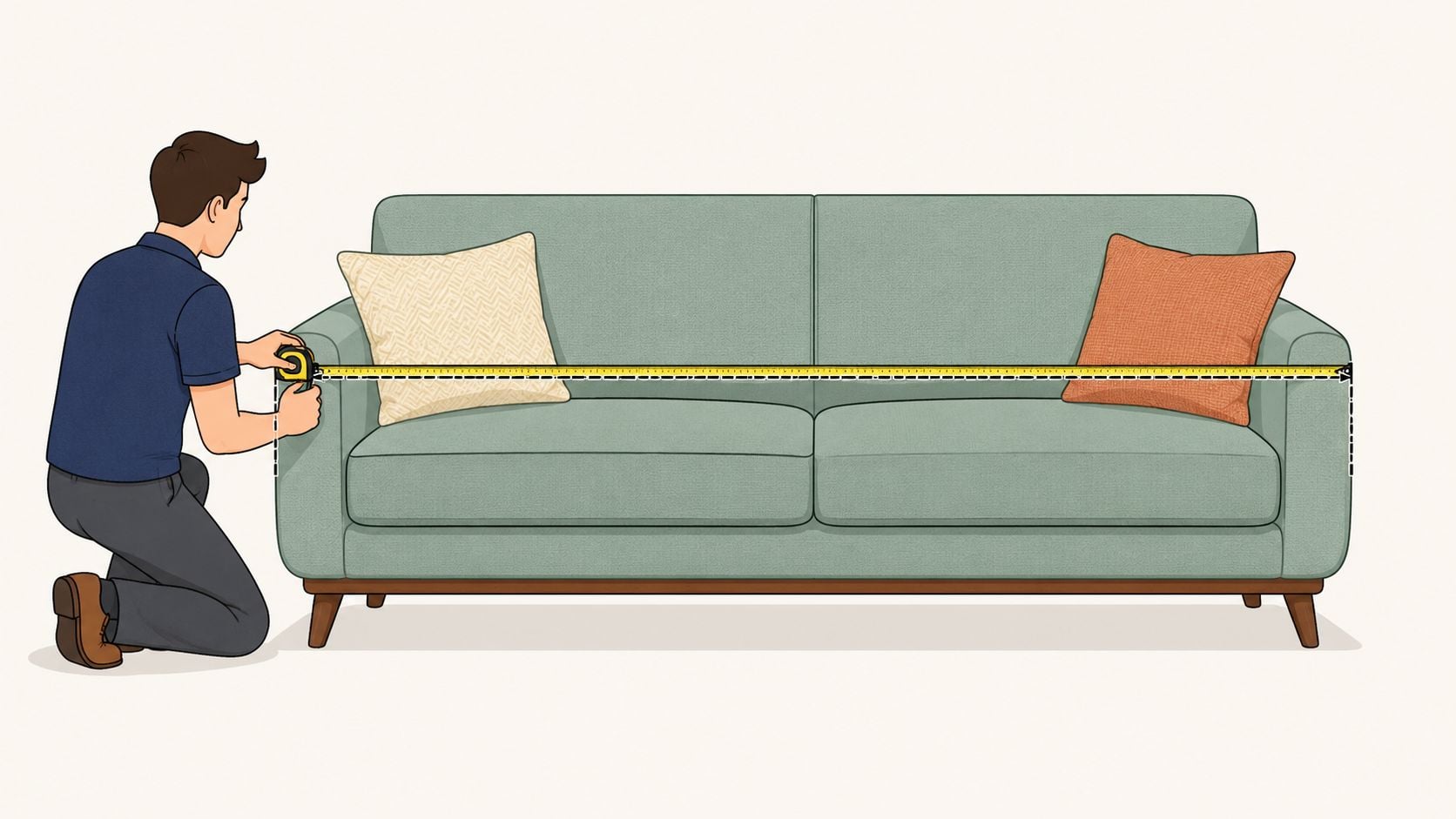 A man measuring the length of a light green sofa using a yellow retractable tape measure.
