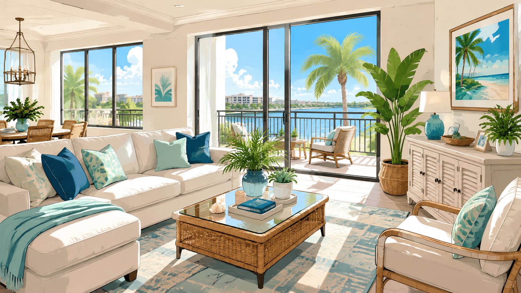 A coastal style living room in a condominium featuring a light sofa, wicker coffee table, and a balcony view.