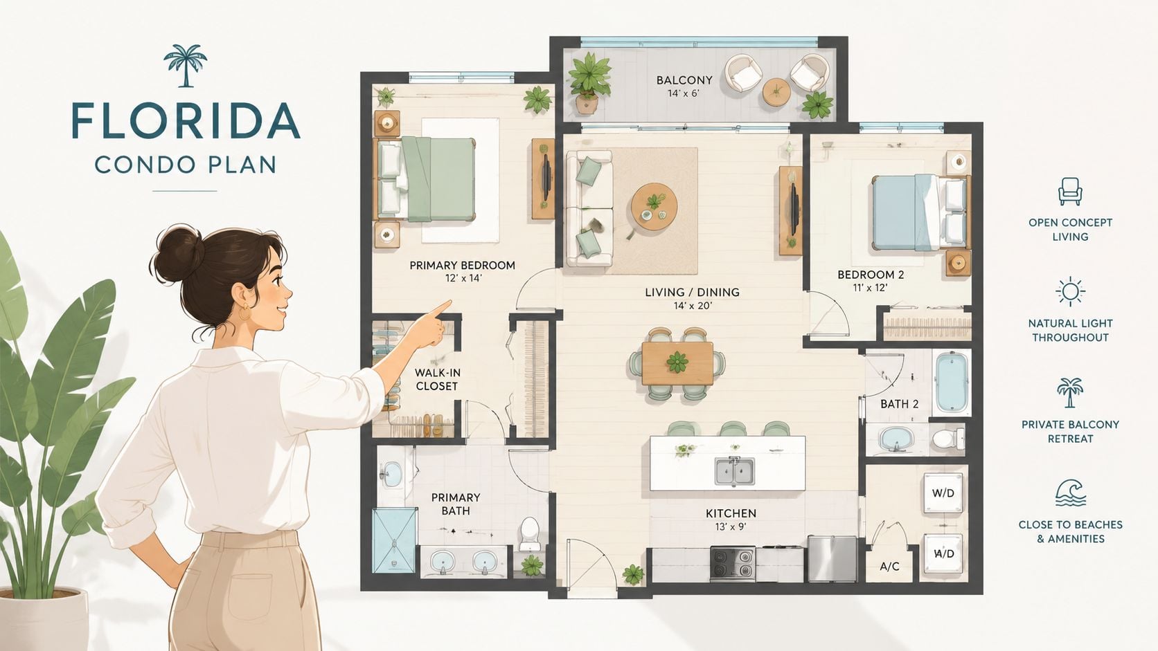 A illustrated Florida condo floor plan with two bedrooms, two baths, and an open concept living area.