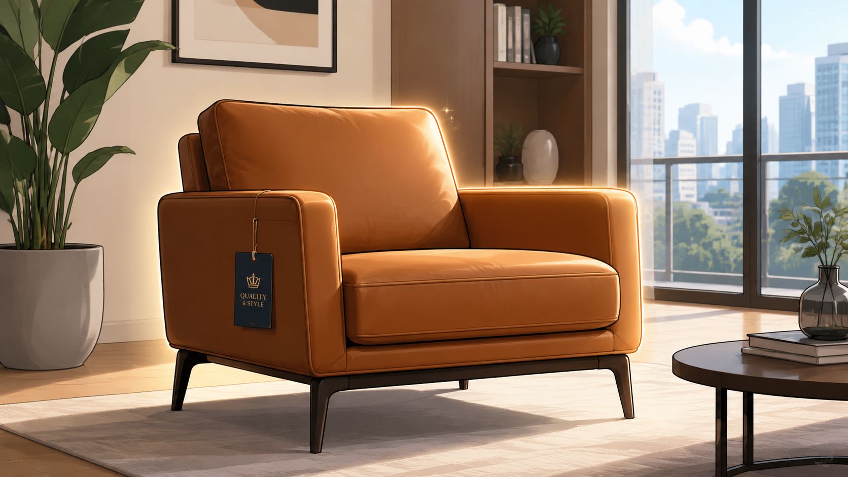 A luxurious tan leather armchair sits in a modern, sunlit living room with city view windows.