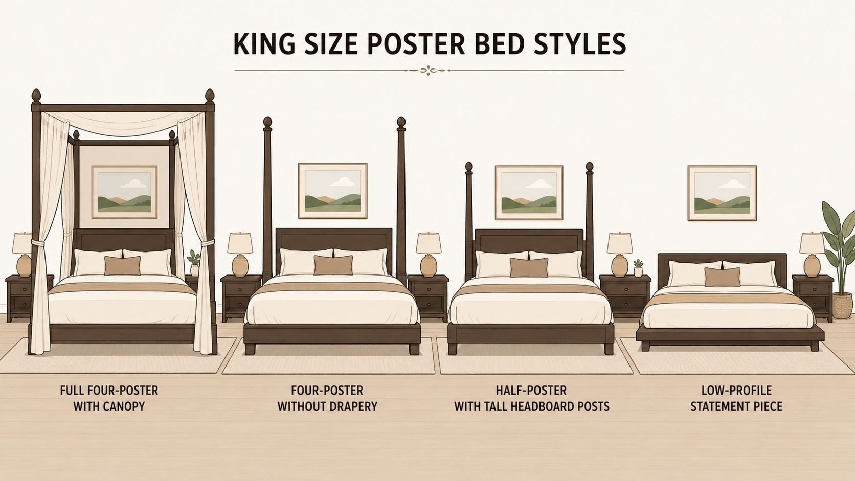 Four different styles of king size poster beds displayed side by side in a room illustration.