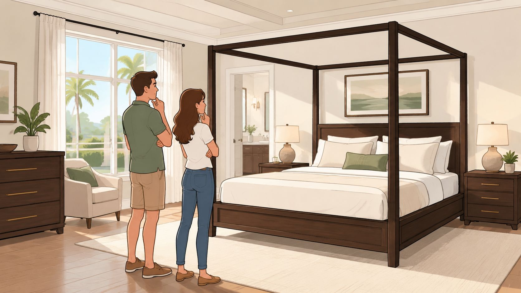 A couple standing in a modern bedroom looking at a large wooden canopy king size poster bed.