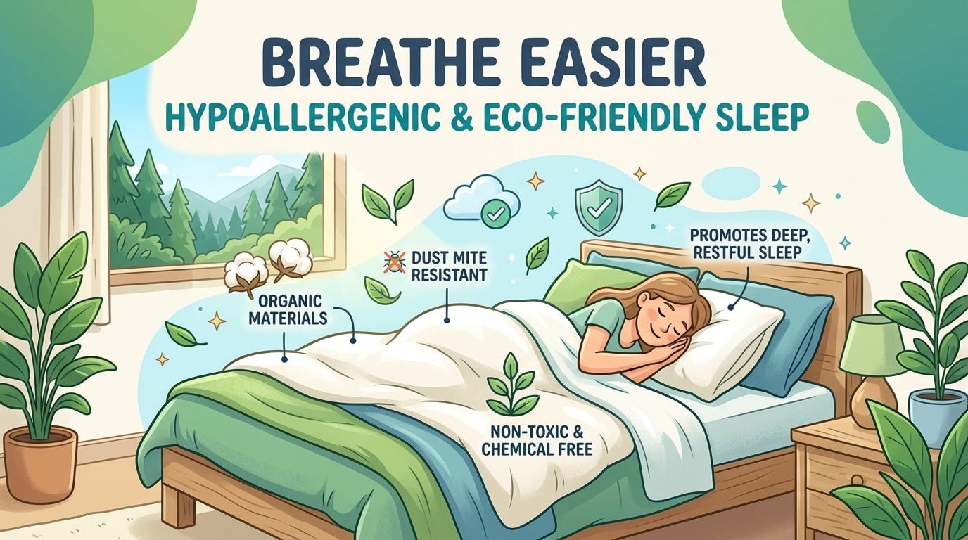 A woman sleeping comfortably in a bed with eco-friendly, hypoallergenic, organic materials promoting restful sleep.