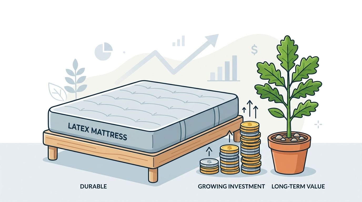 An illustration showing a latex mattress next to coins and a growing plant symbolizing financial benefits.