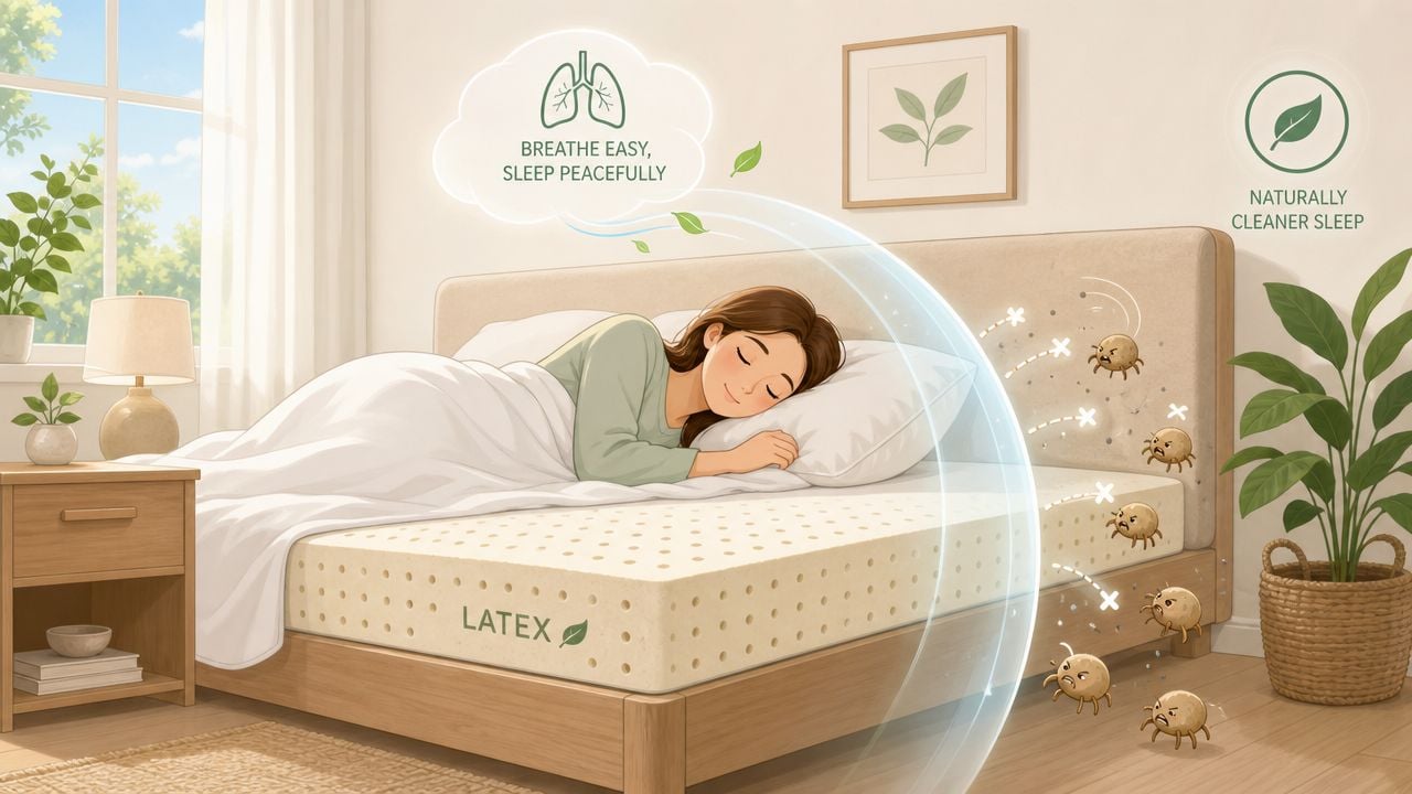A woman sleeping comfortably on a latex mattress protected by a shield against dust mites.