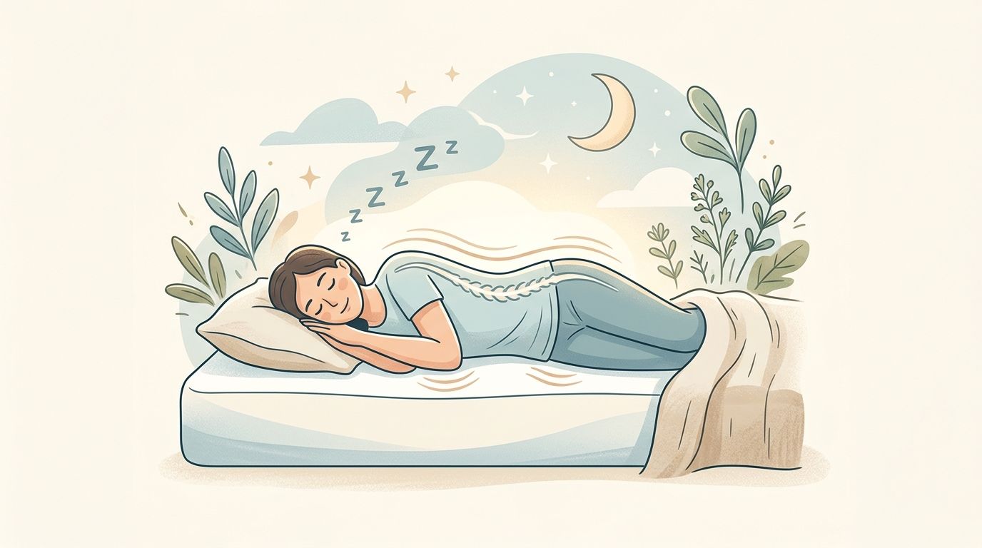 A peaceful illustration of a woman sleeping comfortably on her side on a supportive mattress.
