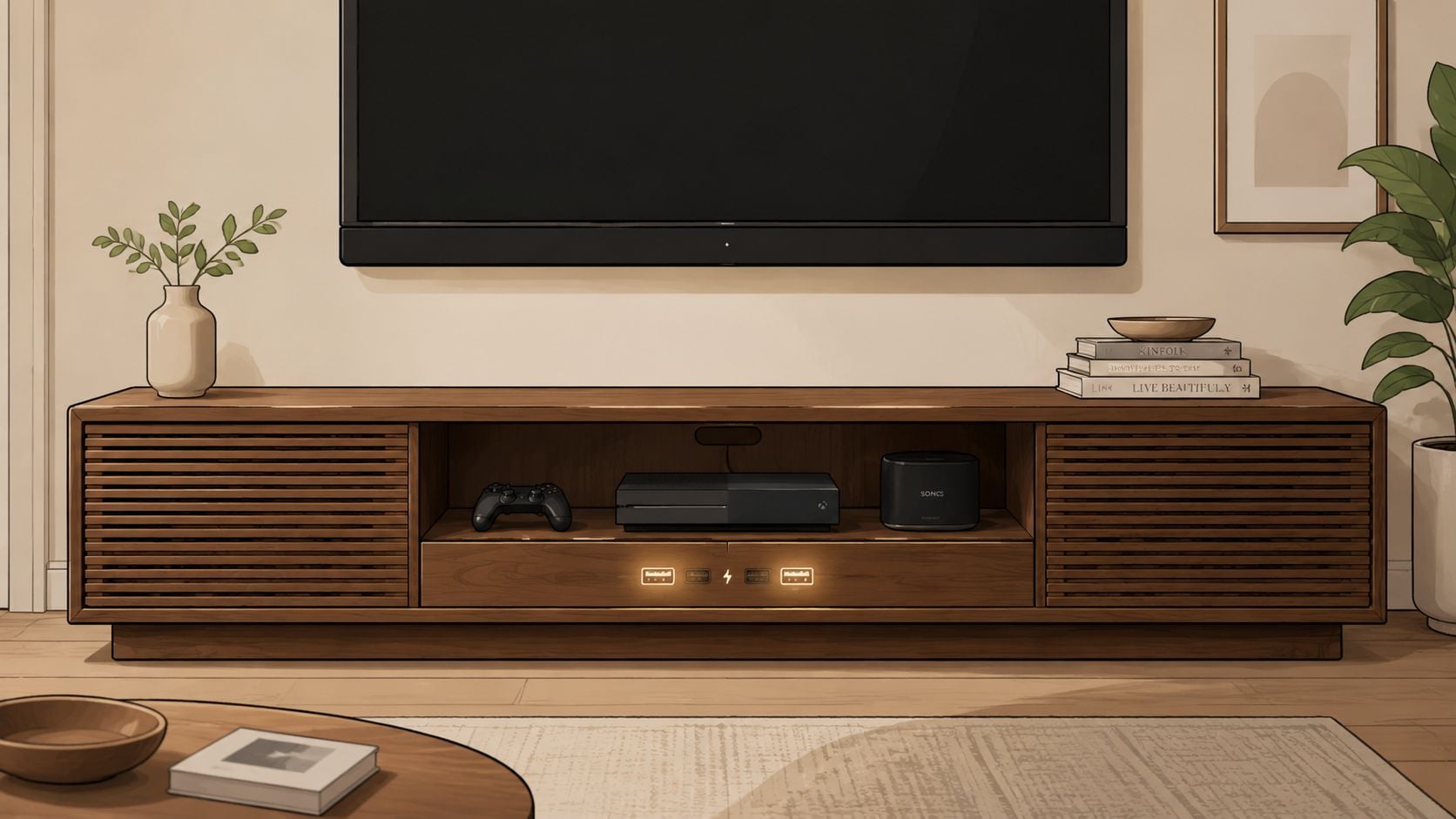A modern wooden media console featuring an Xbox, Sonos speaker, and TV in a cozy living room.