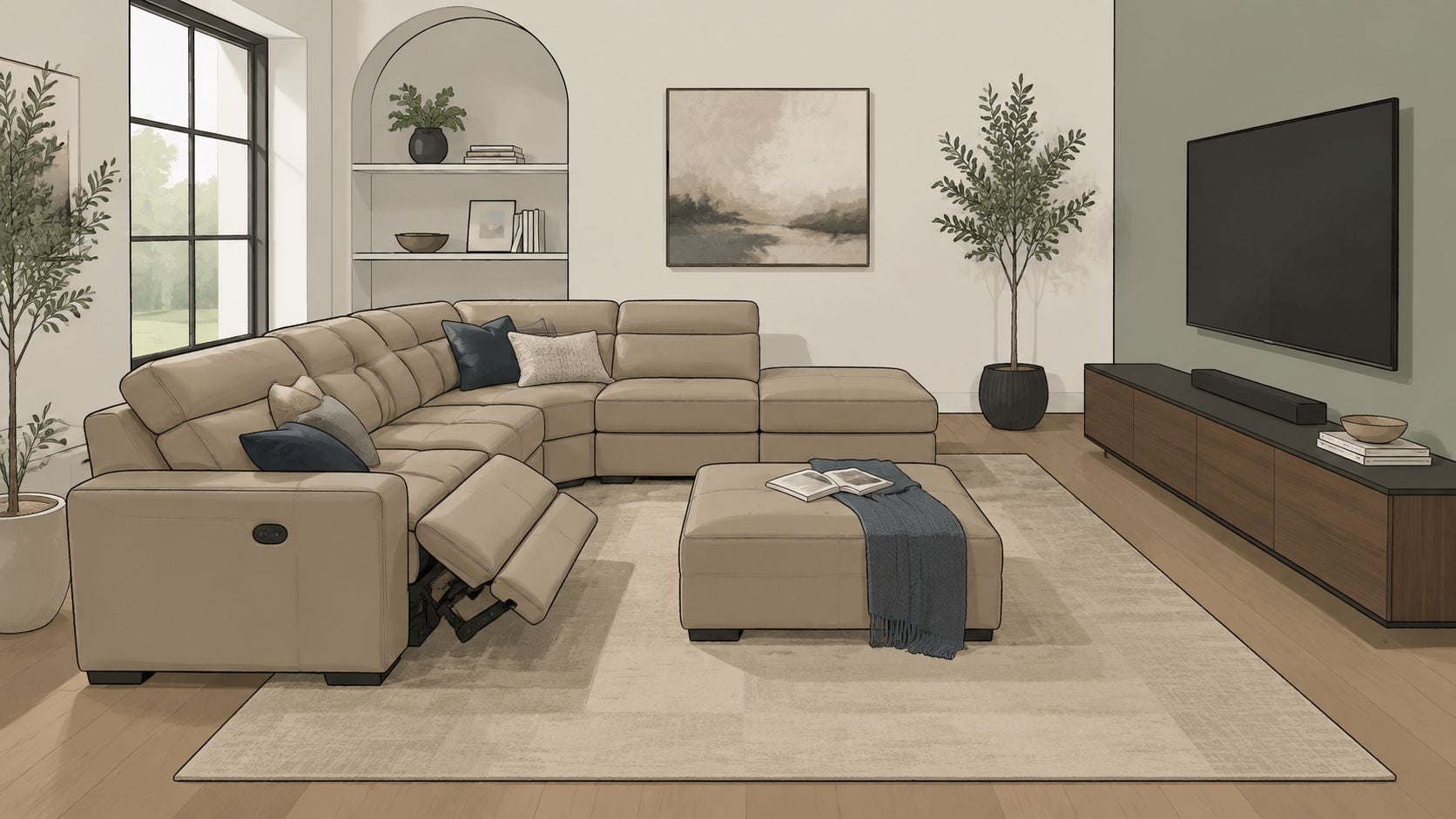A modern living room with a large beige sectional sofa, a television, and elegant neutral decor.