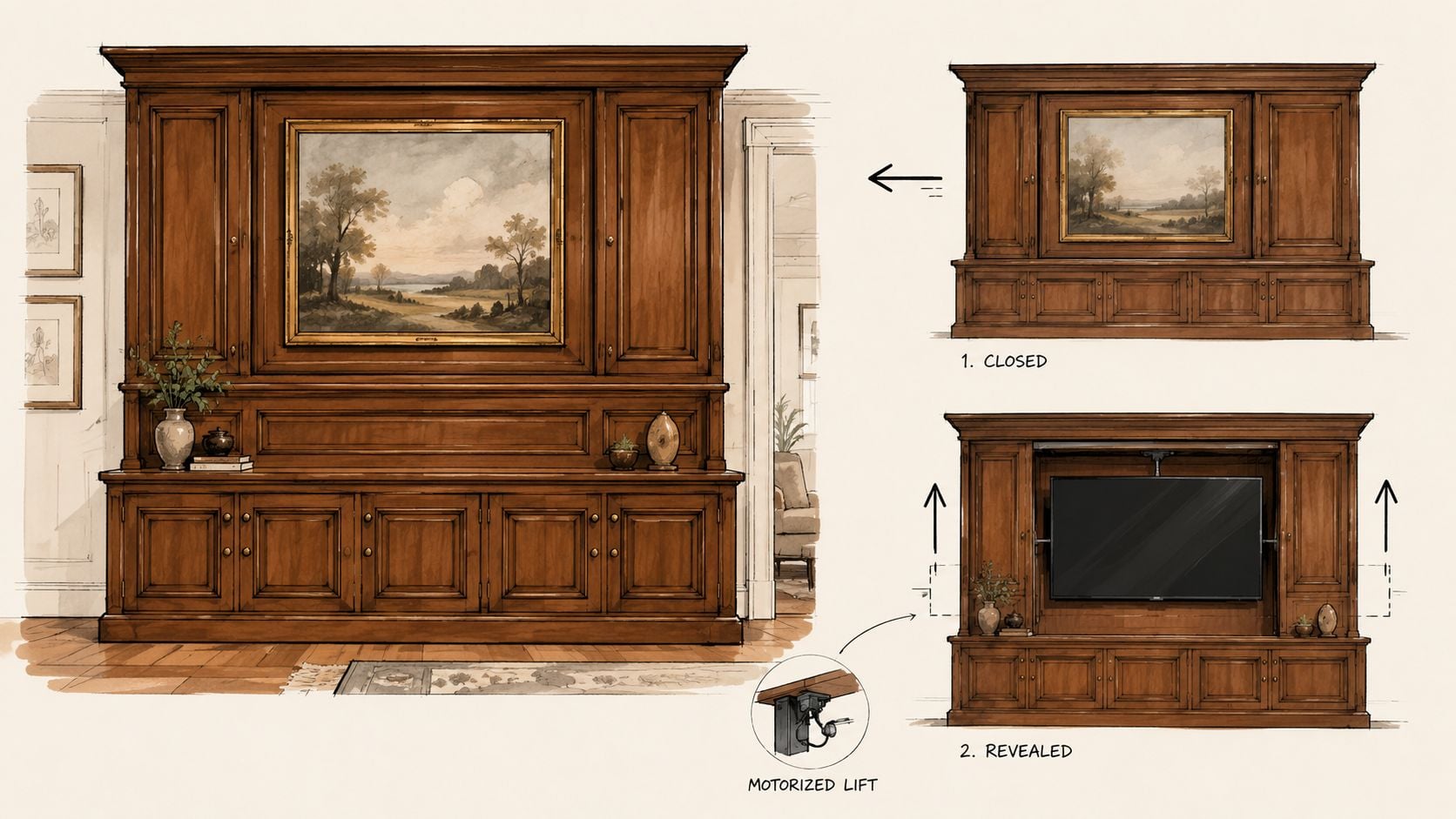 A detailed drawing of a wooden living room entertainment center featuring a motorized TV lift mechanism.