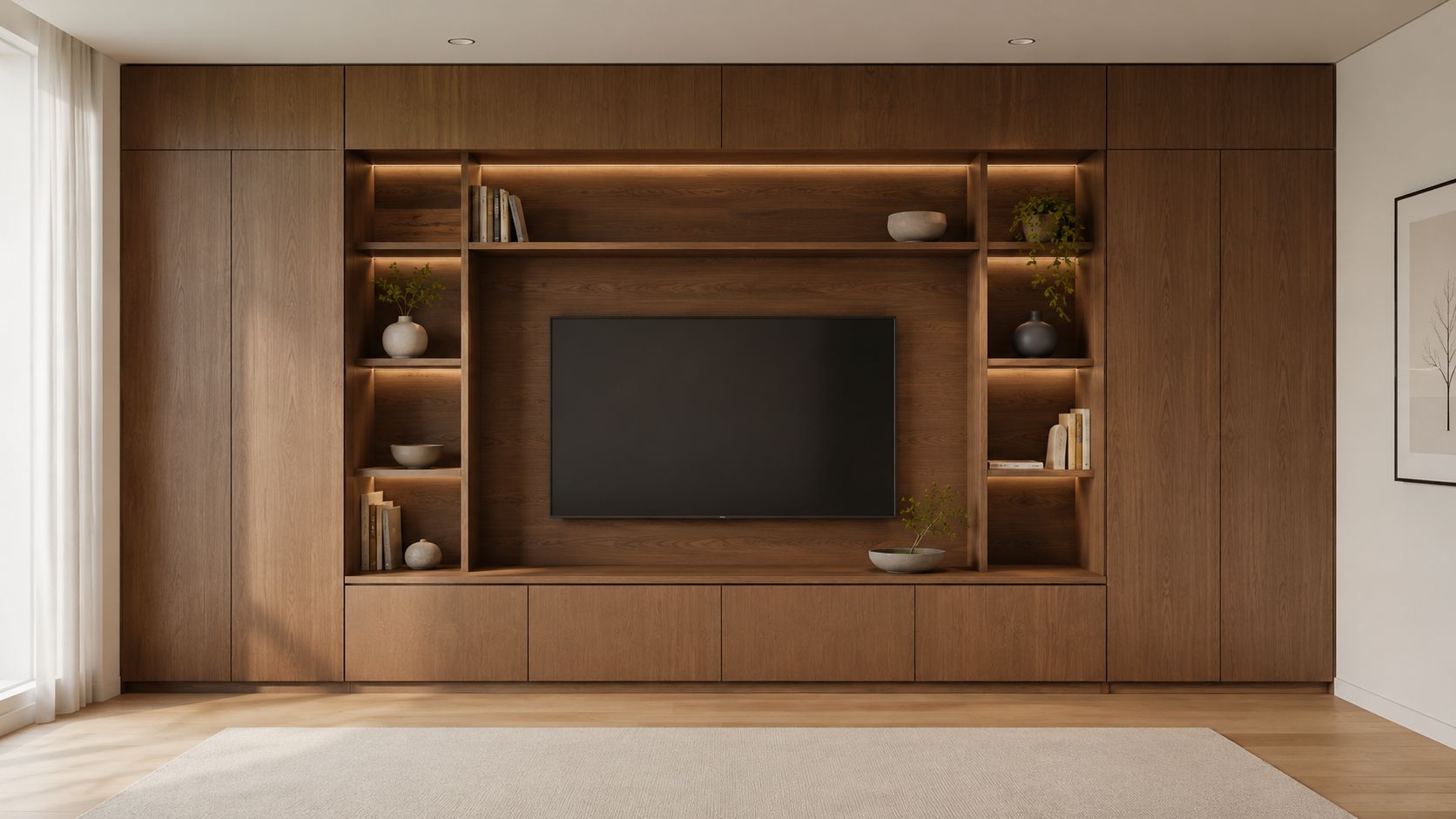 A modern wooden wall unit with built-in shelving, ambient lighting, and a centrally mounted flat screen television.