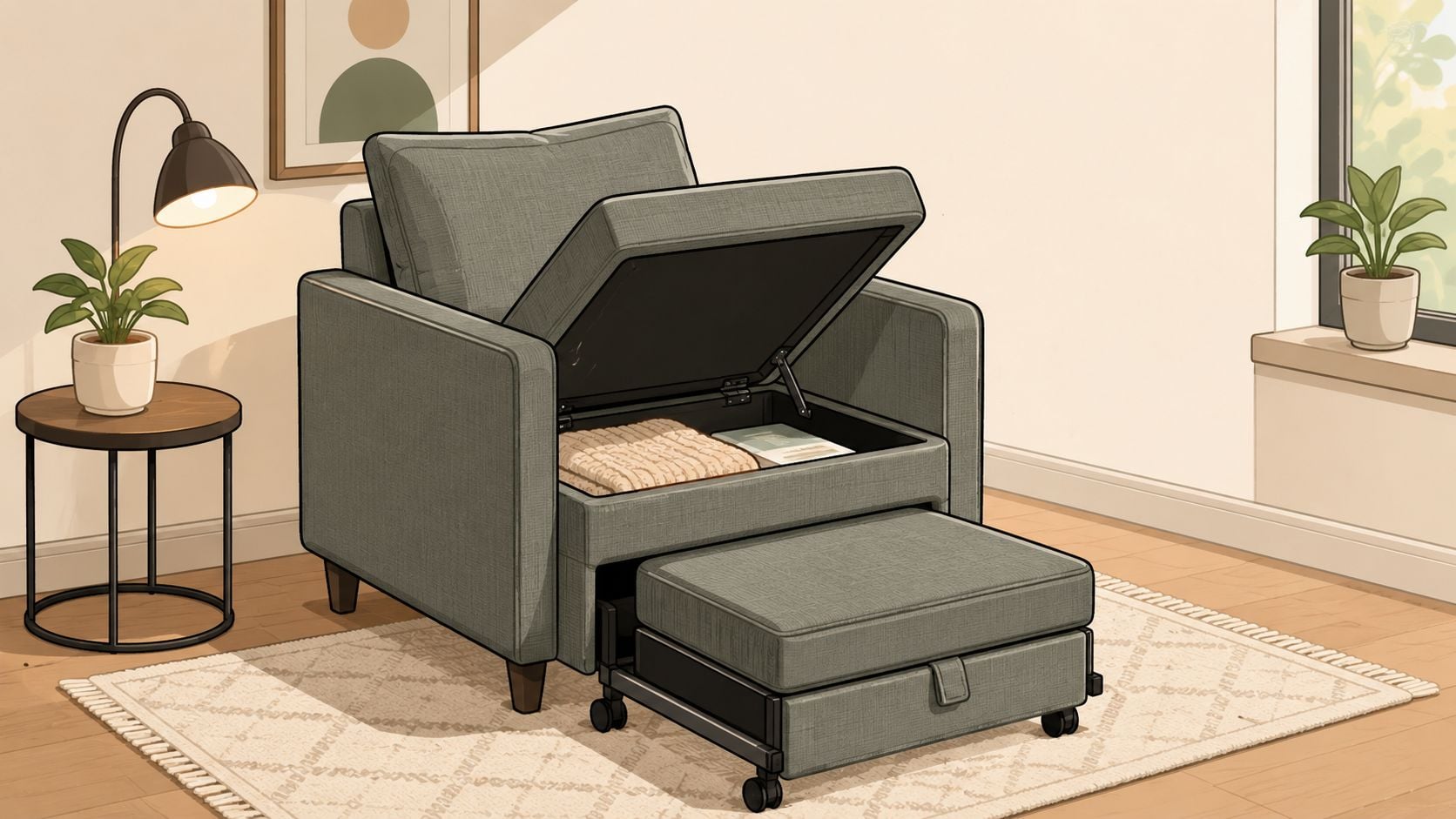 A modern grey armchair with hidden interior storage and a pull-out footstool in a living room.