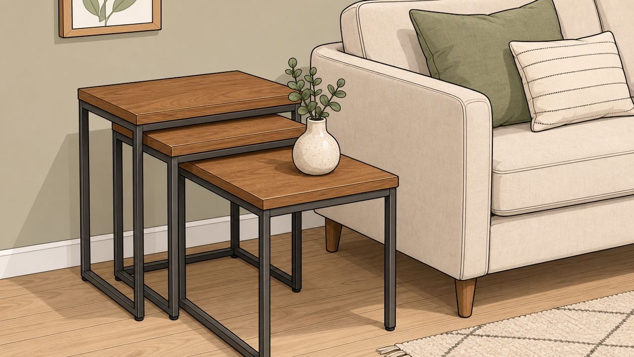 A set of nested wooden side tables with metal frames placed next to a modern beige sofa.