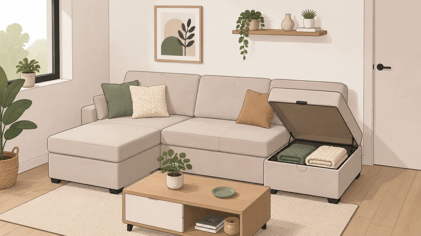 A modern beige sectional sofa with built-in storage in a cozy, minimalist designed living room.