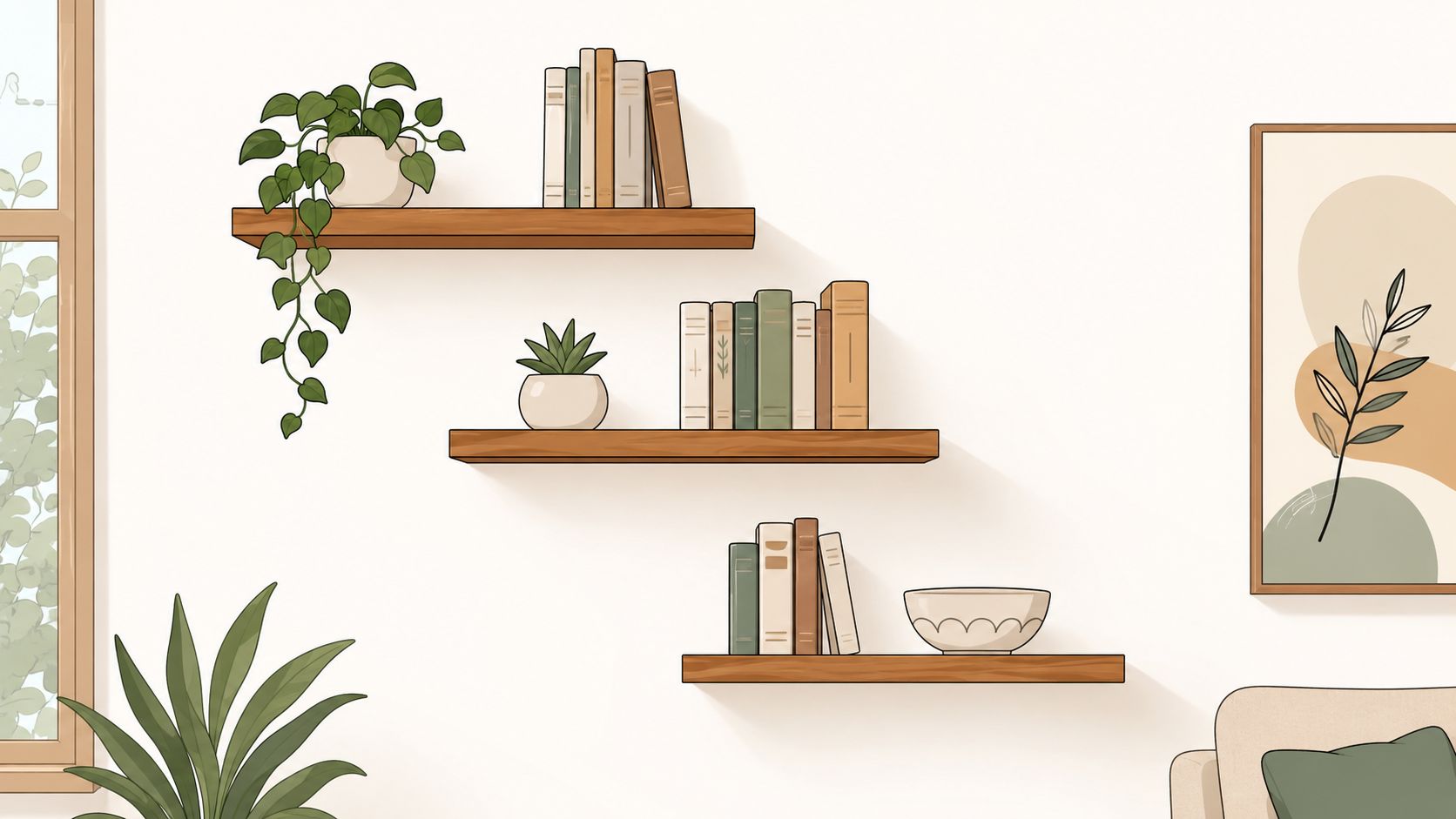 A modern living room wall featuring floating wooden shelves adorned with books, potted plants, and minimalist decor.