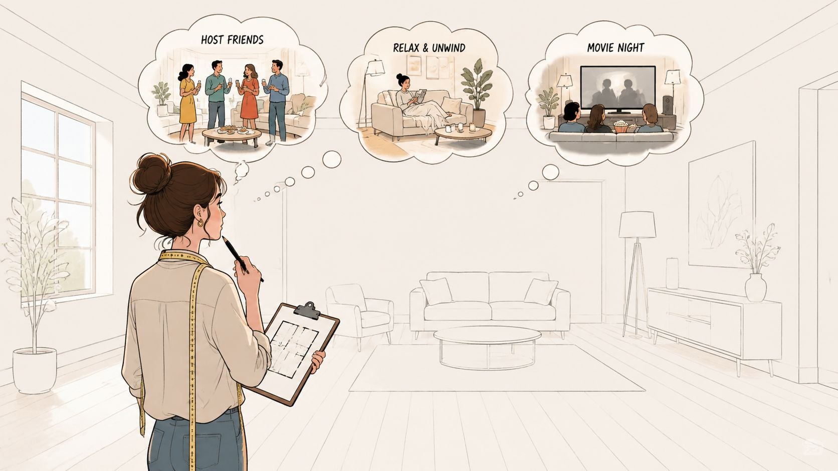 An interior designer plans a living room layout with sketches visualizing hosting friends, relaxing, and movie nights.