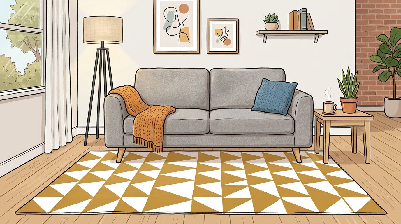 A cozy, minimalist living room featuring a grey sofa with a mustard throw blanket, rug, and side table.