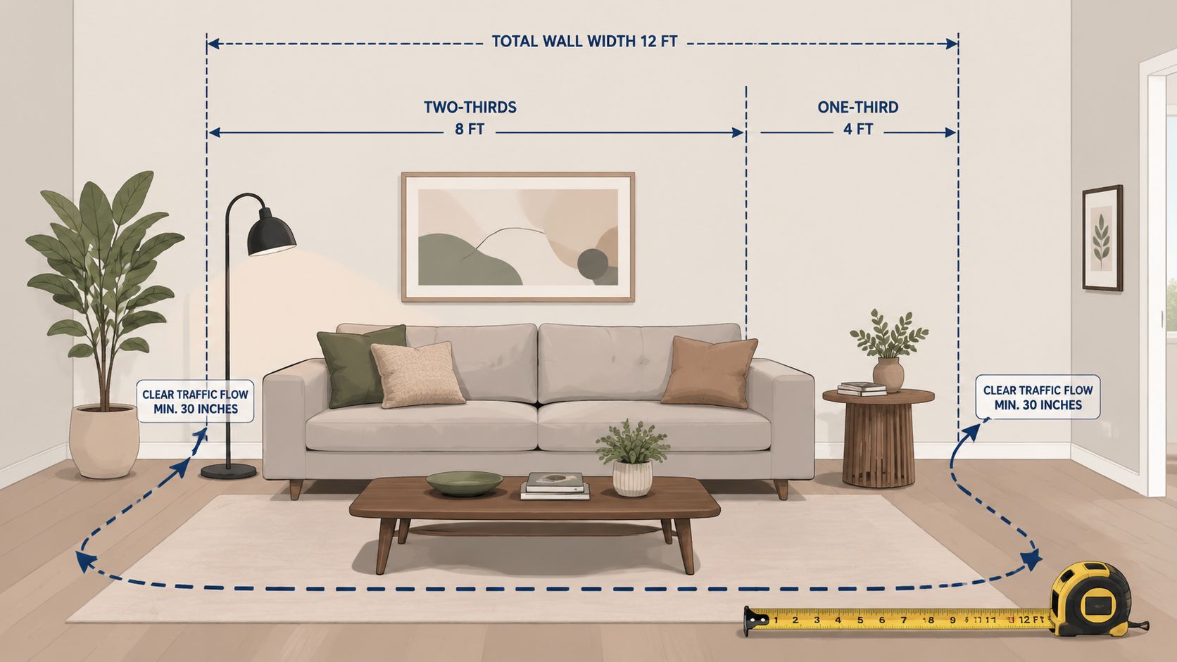 A diagram illustrating ideal living room sofa placement on a twelve-foot wall with traffic flow measurements.
