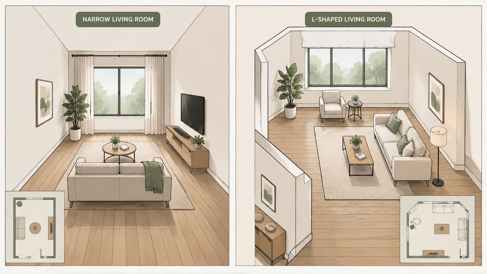 A split view comparison of a narrow living room and an L-shaped living room furniture arrangement.