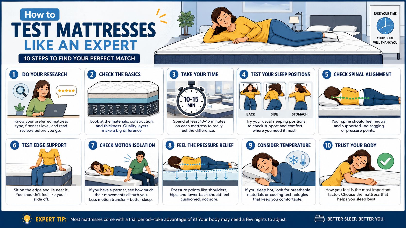 A 10-step infographic explaining how to test and select the perfect mattress for your sleep needs.