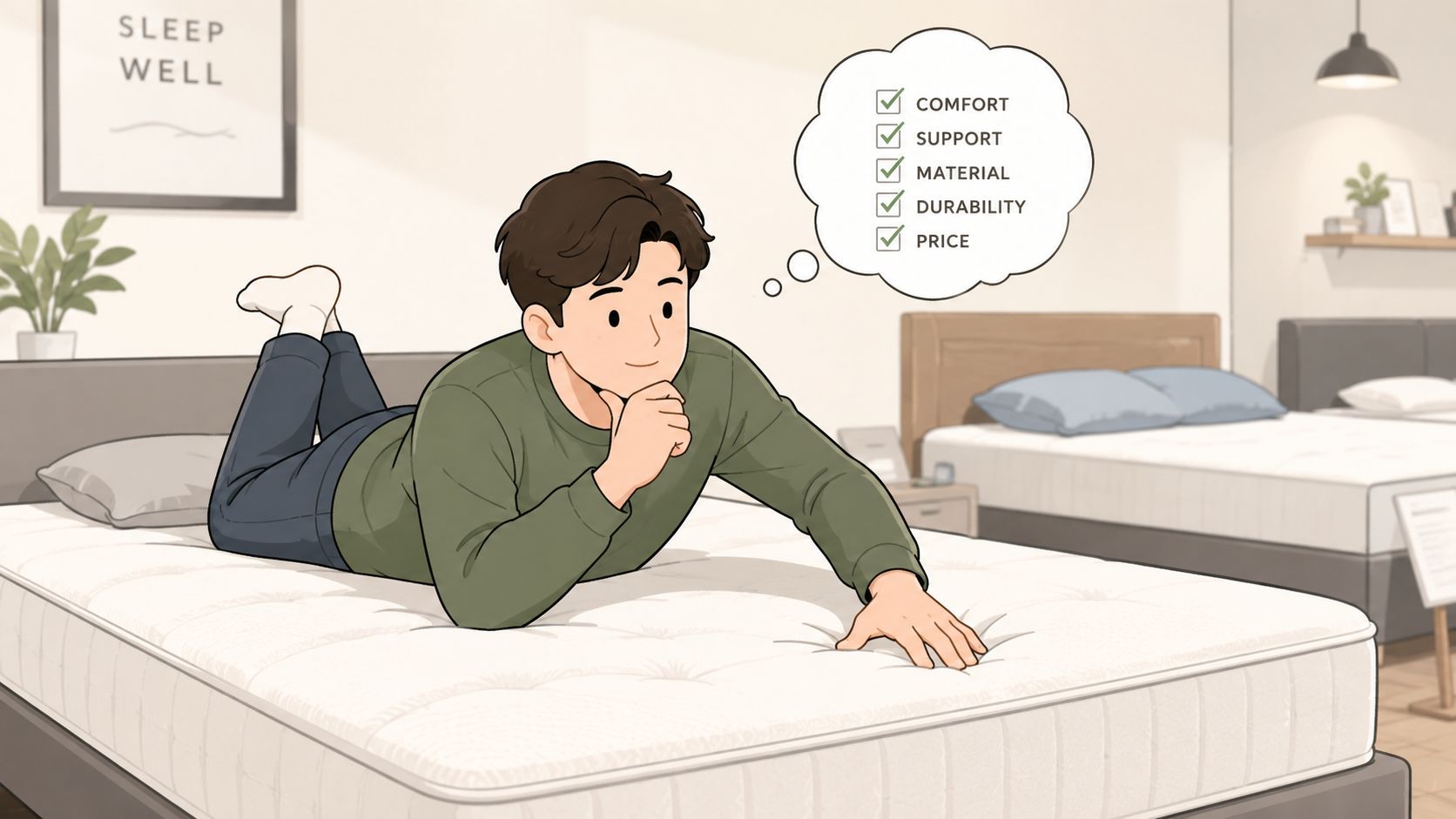 A young man lying on a bed testing mattress quality with a checklist of factors in his thought bubble.