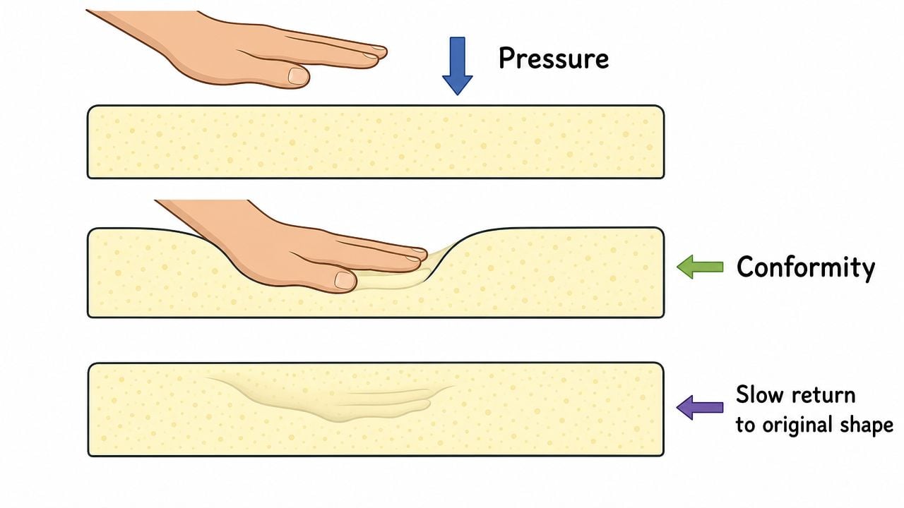 An illustration showing a hand applying pressure to memory foam that conforms and recovers its shape.