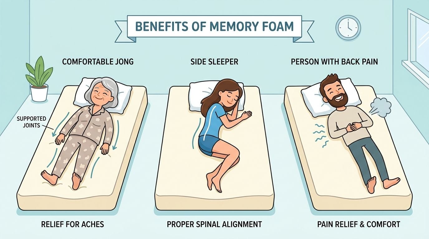 A diagram illustrating memory foam mattress benefits including joint support, spinal alignment, and comfort for different sleepers.