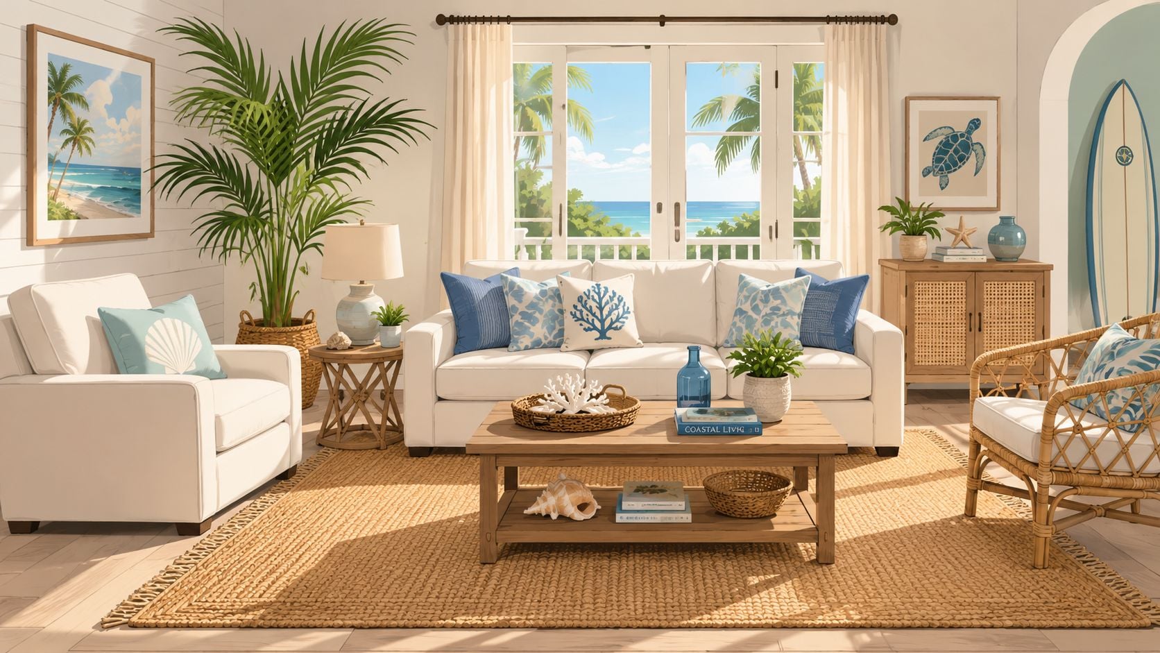 A coastal-themed living room featuring a woven natural fiber rug, white sofa, and rattan accents.