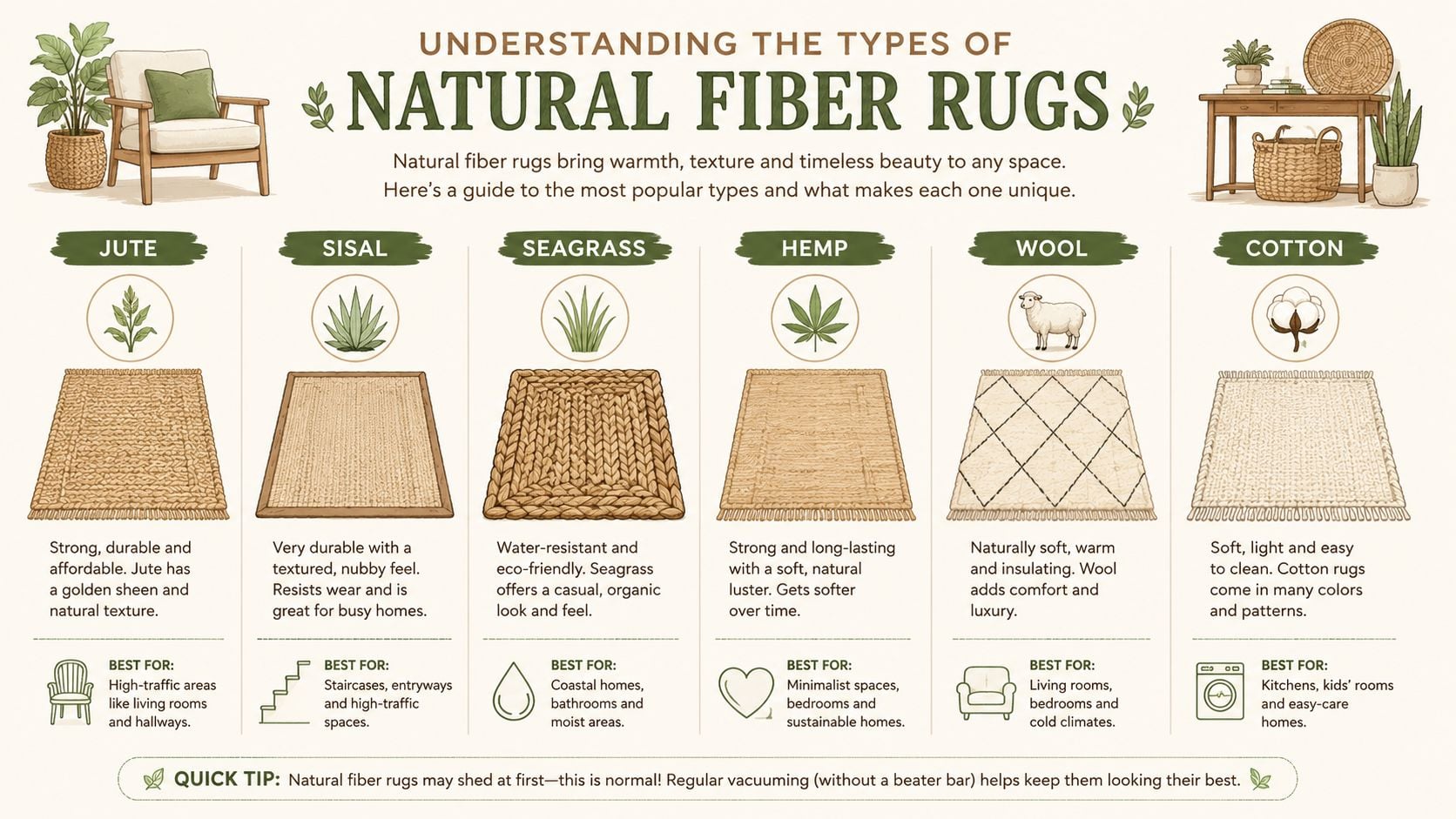 An infographic guide explaining different types of natural fiber rugs including jute, sisal, seagrass, hemp, wool, and cotton.