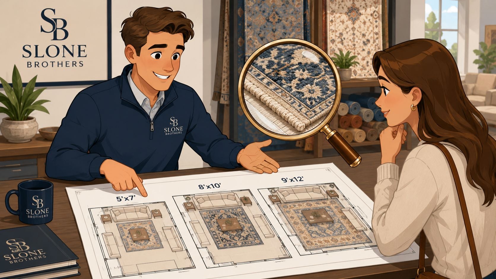 A professional rug dealer presents various rug size options on floor plans to a customer in a showroom.